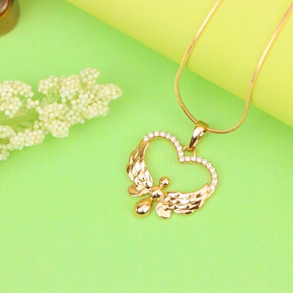 "Rose Gold Heart Pendant with Angel Wings and Crystal Accents, XPPT1251 - Picture 4 of 12